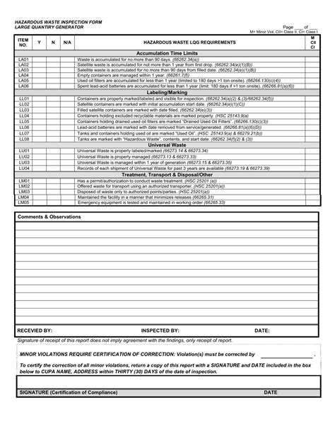 California Hazardous Waste Large Quantity Generator Inspection Form