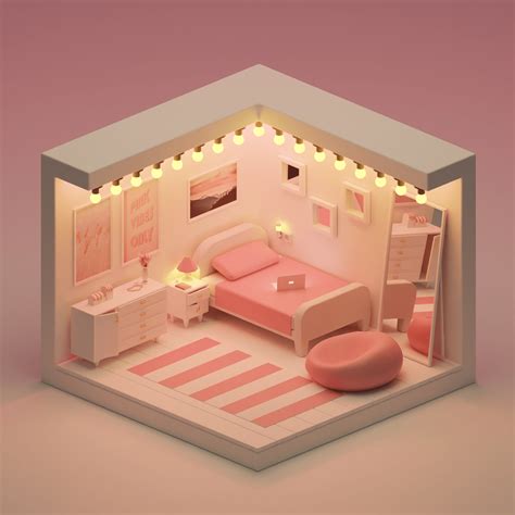 3d Isometric Low Poly Pink Bedroom On Behance