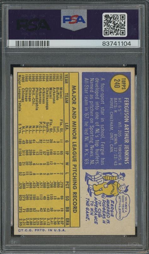 1970 Topps 240 Fergie Jenkins Chicago Cubs HOF PSA 9 MINT EBay