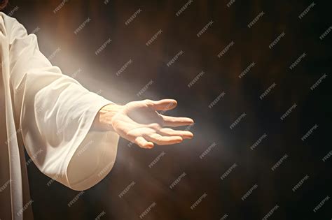 Premium Ai Image Jesus Reaching Out His Hand Against Dark Background