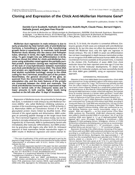 Pdf Cloning And Expression Of The Chick Anti M Llerian Hormone Gene