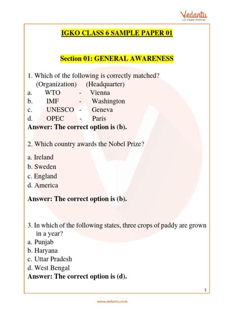 Igko Olympiad Sample Paper 1 For Class 6 With Solutions Pdf