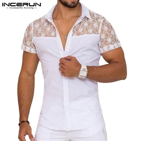 Incerun Camisa Masculina De Renda Manga Curta Elegante Retalhos