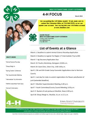 Fillable Online Extension Iastate List Of Events At A Glance H Focus