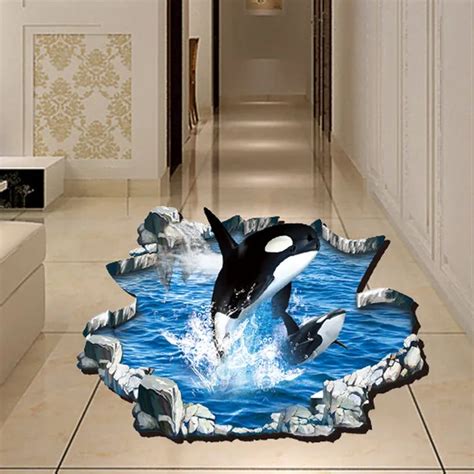 3D Wall Art Blue Ocean Dolphin Vinyl Wall Sticker Animal Brick Floor ...