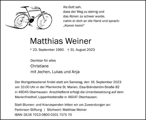 Traueranzeigen Von Matthias Weiner Trauer In NRW De