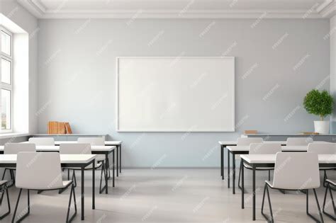 Premium Photo White School Classroom Interior Empty Room With White Walls Desks Chairs Blank