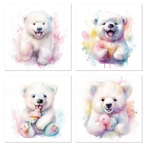 20 Baby Polar Bear Watercolor Clipart, Pastel Colored Happy Bear ...