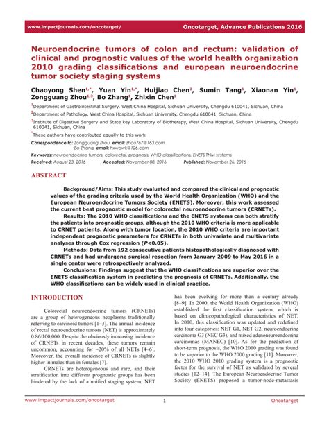 Pdf Neuroendocrine Tumors Of Colon And Rectum Validation Of Clinical