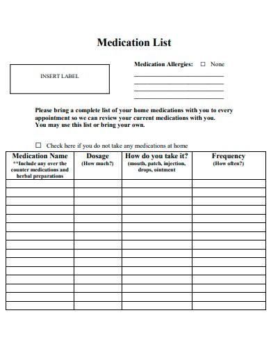 Free 50 Medication List Samples In Pdf Ms Word