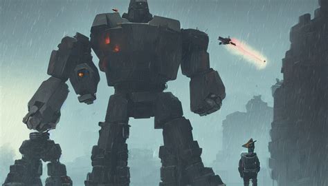 Krea Ai A Giant Robot Fighting A Giant Stone Golem In Rain