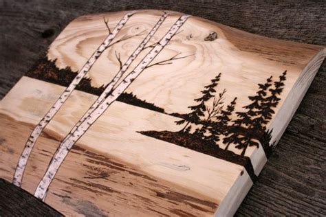 Lakeside Birch Trees Art Block Wood Burning Etsy Uk Birch Tree Art