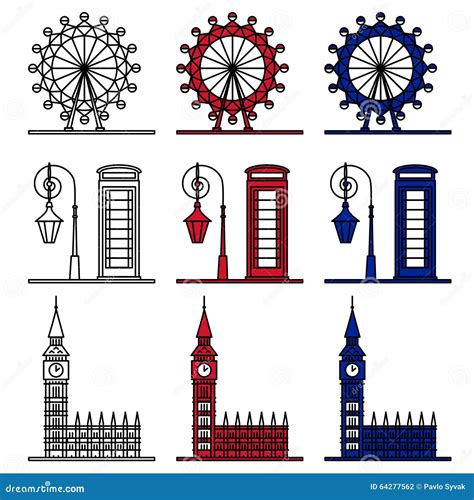 London Symbols Hand Drawn Set. Booth, Bus, Tower Bridge Etc. Vector ...