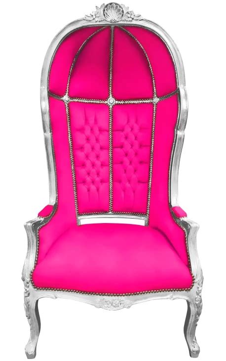 Grand Fauteuil Carrosse De Style Baroque Tissu Fuchsia Et Bois Argent