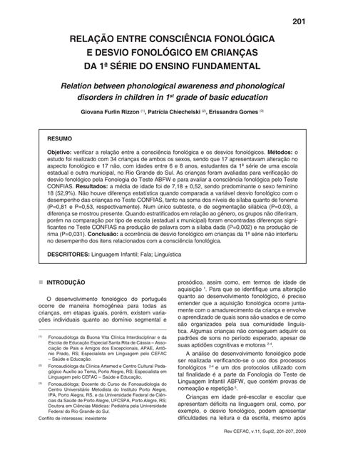 PDF Relação entre consciência fonológica e desvio fonológico em