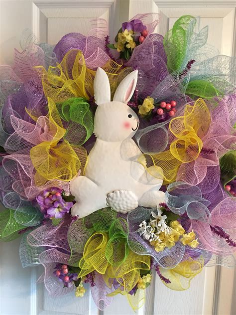 Easter Spring Deco Mesh Wreath With Removable Bunny