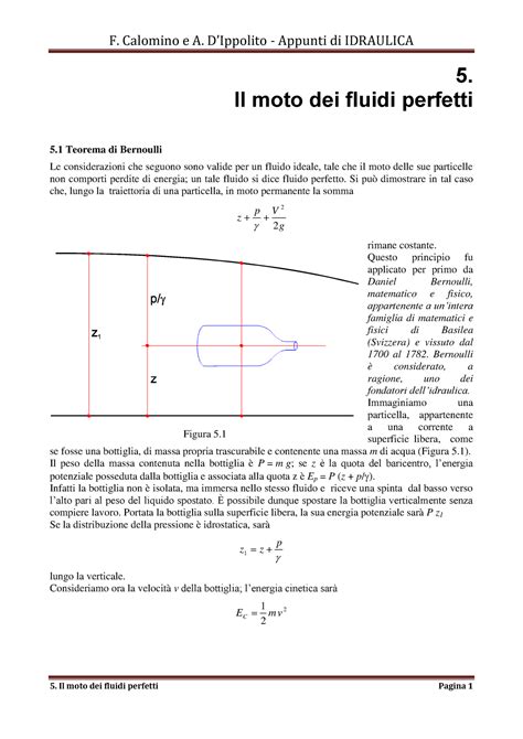 Lezioni Il Moto Dei Fluidi Perfetti Teorema Di Bernoulli Le