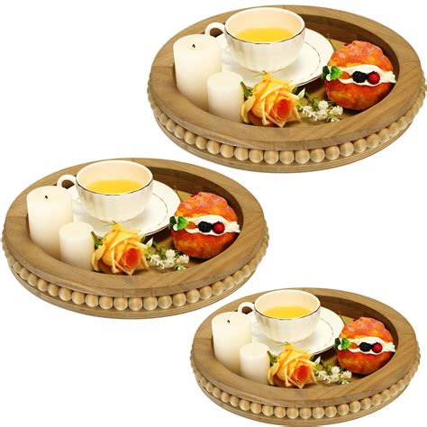 BBTO 3 Pcs Rustic Wooden Decorative Tray Round Wood Tray for Table ...