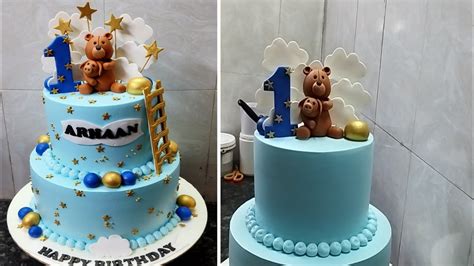 Two Tire 1st Birthday Cake Decorating Boy Top Teddy Bear Design On The