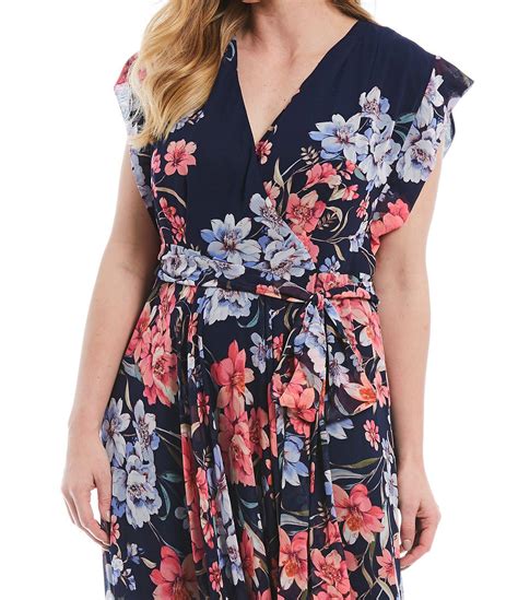 Eliza J Plus Size Floral Print Faux Wrap Surplice V Neck Maxi Dress In