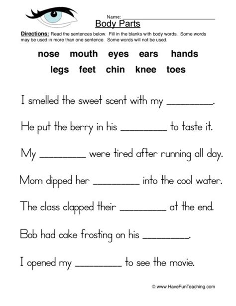 Body Parts Fill In The Blanks Worksheet Have Fun Teaching