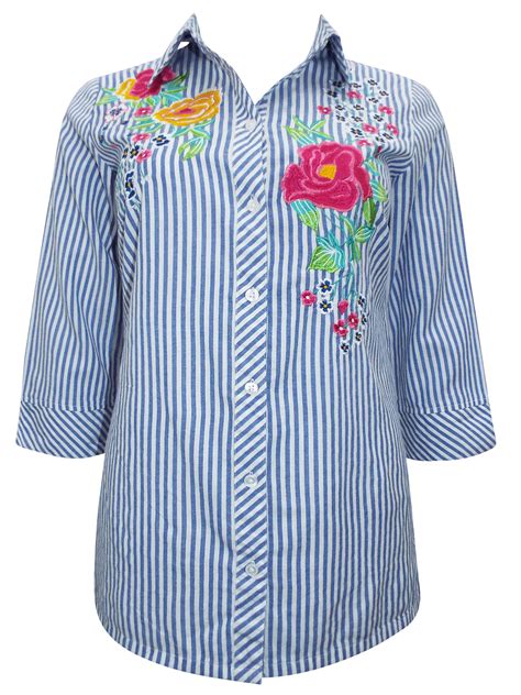 Bader B4der Blue Floral Embroidered Striped Shirt Size 10 To 26