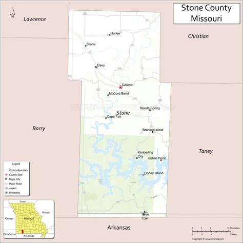 Map of Stone County, Missouri showing cities, highways & important ...