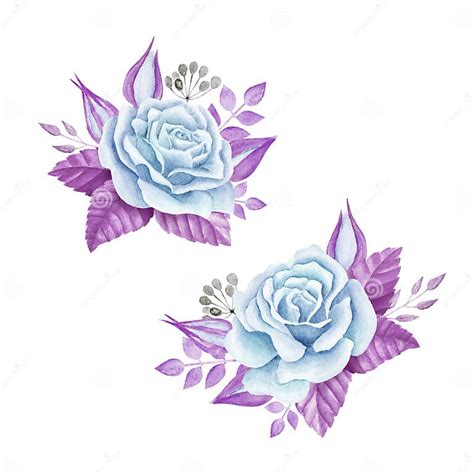 Blue Roses Bouquet Watercolor Illustration Cute Vintage Style Wreath