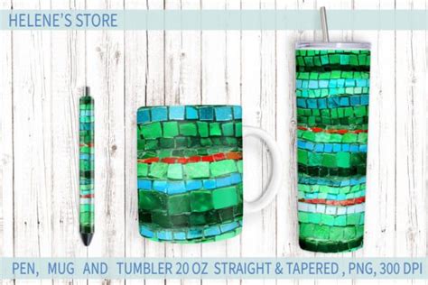 Tumbler Mug And Pen Wrap Green Mosaic Graphic By Helenes Store · Creative Fabrica