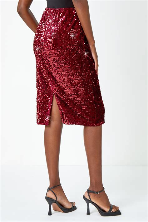 Red Sequin Embellished Velour Stretch Skirt Roman Uk