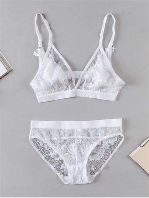 24 OFF 2021 ZAFUL Sheer Lace Bra And Panty Lingerie Set In WHITE ZAFUL