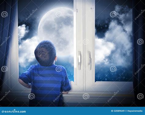 Boy Looking At Night Moon And Stars Stock Image Image Of Astronomy