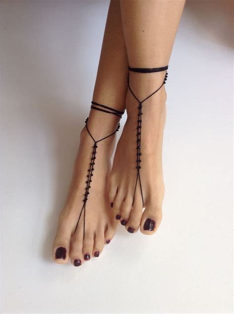 black barefoot sandals, crystal stone jewelry, women accessory, summer body jewelry, crochet ...