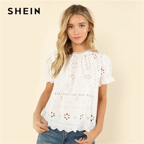 Shein White Casual Puff Short Sleeve Eyelet Embroidered Stand Collar