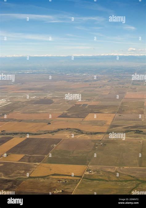 Aerial view over the farms just outside Denver, Colorado, with the ...