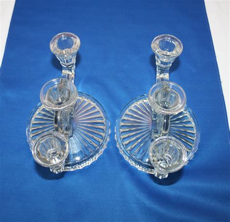 Vintage Jeannette Glass Cosmos Triple Candle Candlesticks Pair Of