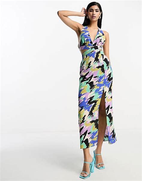 Asos Design Halter Neck Cut Out Midi Dress In Bright Sketch Print Asos