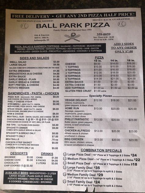 Menu At Ball Park Pizza And Eatery Pizzeria Indianapolis E 10th St