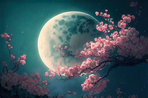 Fantasy Cherry Blossom (sakura Flowers) in Night Skies with Full Moon ...