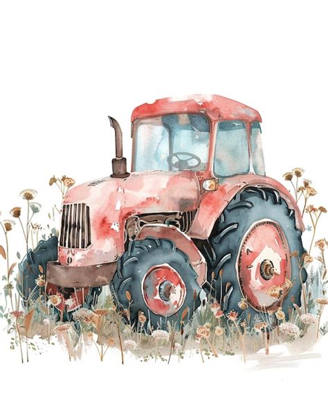 Premium Photo There Is A Watercolor Painting Of A Red Tractor In The