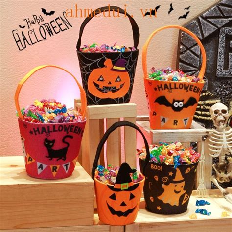 Ahmeduib Giỏ Đựng Kẹo Sức Chứa Lớn Hình Bí Ngô Halloween Có Tay Cầm Cho