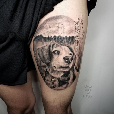 Grayscale pet portrait tattoo by Sara and Fogle of Chico Lou's Fine ...