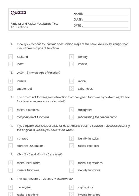 50 Radical Equations And Functions Worksheets For 9th Year On Quizizz