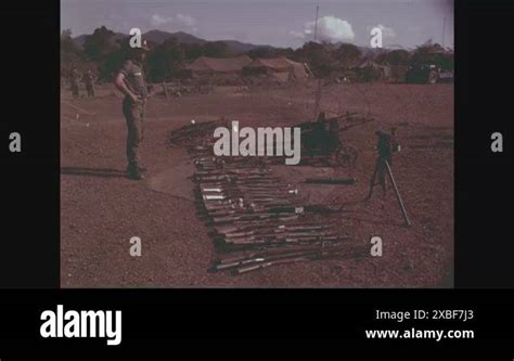 1966 Display Of Captured Viet Cong Weapons Including Automatic Rifles