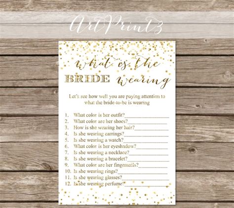 What Is The Bride Wearing Bridal Shower Game Printable Gold Confetti