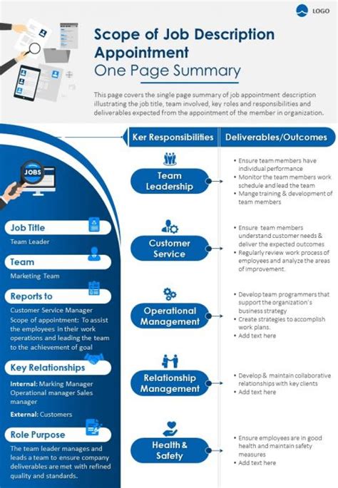 Scope Of Job Description Appointment One Page Summary Presentation ...