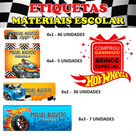 Etiqueta Escolar Personalizada Tema Hot Wheels 94 Adesivos Para