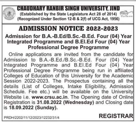 Crsu B Ed Admission 2022 Best Admission