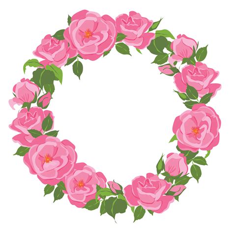 Round Vector Frame With Pink Roses Floral Wreath In Flat Style Logo