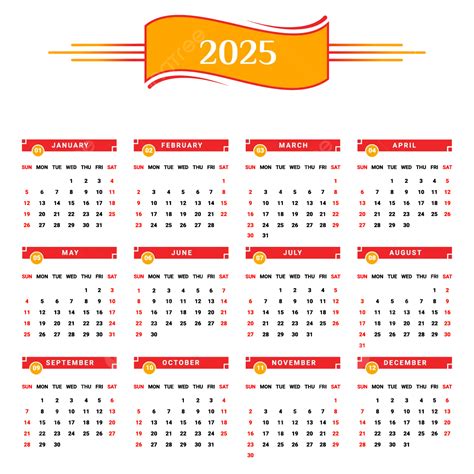 2025 Calendar With Red And Yellow Unique Design Vector Calendar 2025